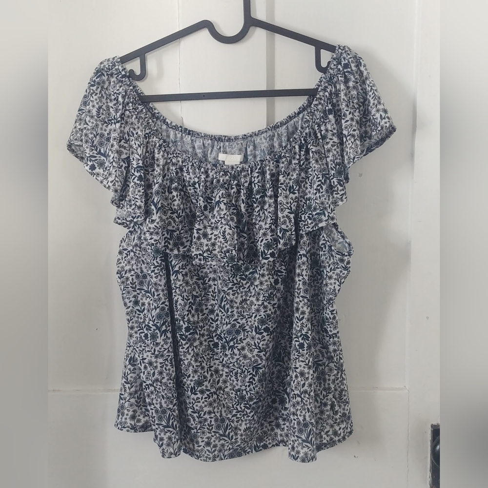 2/$25 Women's H&M Ruffled Floral Blouse Blue White Size XL Y2K